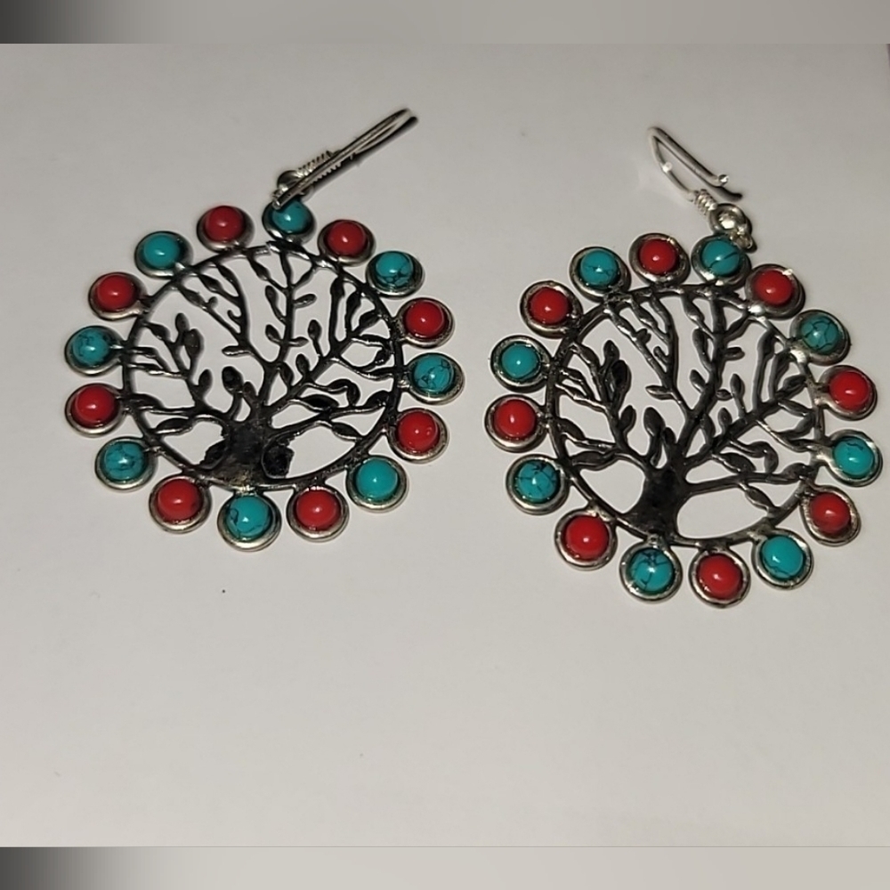 Lia SOPHIA earrings tree of life red blue silver dangling